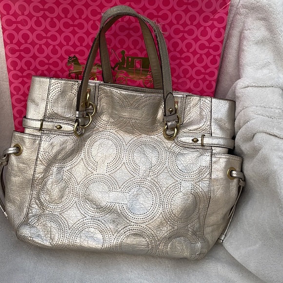 Coach Metallic Colette Leather Perforated Op Art Tote - Gold - Picture 3 of 10